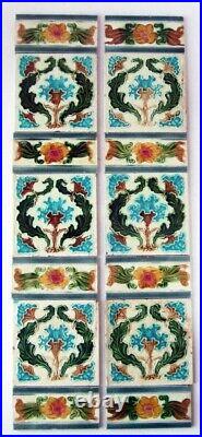 Antique Set Art Nouveau Fireplace Tiles with Original Spacers