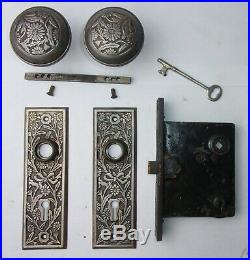 Antique Set EASTLAKE VICTORIAN Art Nouveau Backplate Door Knob Mortise Lock Key