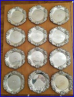 Antique Set of 12 Woodside Sterling Silver Art Nouveau Plates Repousse Jonquils