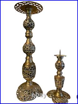 Antique Set of 3 Very Rare Art Nouveau Pierced Brass Adjustable Candleholders