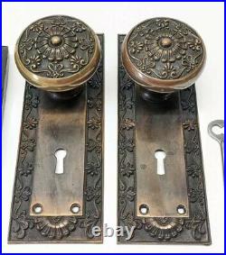 Antique Set of Bronze Corbin Doorknobs Back Plate Lock Org. Key Art Nouveau Deco