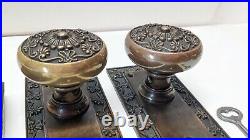 Antique Set of Bronze Corbin Doorknobs Back Plate Lock Org. Key Art Nouveau Deco