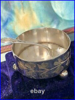 Antique Set of Scottish Art Nouveau Silver Plate Salt Dishes with Silver Spoons