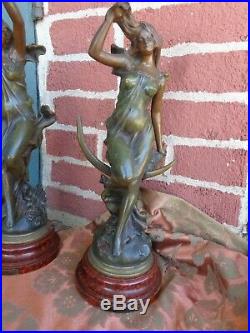Antique Signed Le Jour La Nuit French Art Nouveau Bronze Patina Lady Statue Set