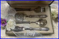 Antique Silver Plated Dessert Set France Box Spoon Fork Knife Scoop Rare Old 19c
