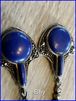 Antique Silver Sterling Art Nouveau Marcasite Lapis Lazuli Pendant Earrings 925