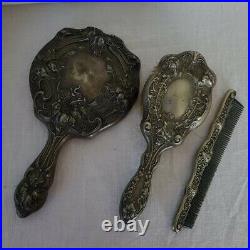 Antique Silveroin Art Nouveau Floral Dresser Set Beveled Mirror Brush Comb