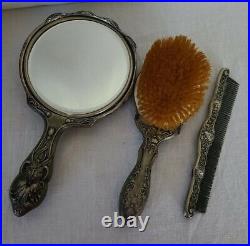 Antique Silveroin Art Nouveau Floral Dresser Set Beveled Mirror Brush Comb