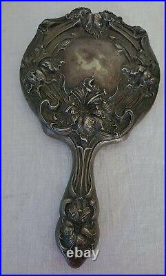 Antique Silveroin Art Nouveau Floral Dresser Set Beveled Mirror Brush Comb