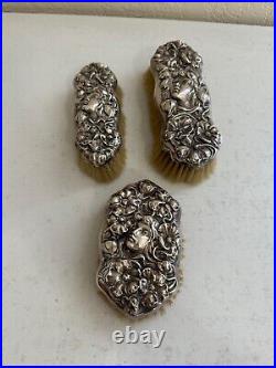 Antique Sterling Silver Art Nouveau 3 Piece Vanity Brush Set Woman & Floral Dec