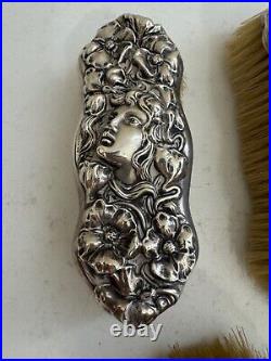 Antique Sterling Silver Art Nouveau 3 Piece Vanity Brush Set Woman & Floral Dec