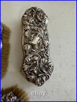 Antique Sterling Silver Art Nouveau 3 Piece Vanity Brush Set Woman & Floral Dec