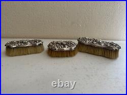 Antique Sterling Silver Art Nouveau 3 Piece Vanity Brush Set Woman & Floral Dec