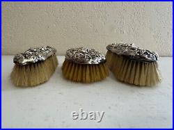 Antique Sterling Silver Art Nouveau 3 Piece Vanity Brush Set Woman & Floral Dec