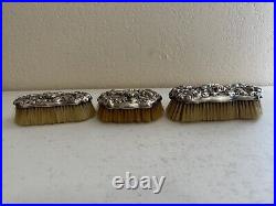 Antique Sterling Silver Art Nouveau 3 Piece Vanity Brush Set Woman & Floral Dec