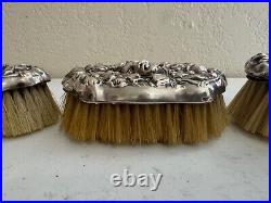 Antique Sterling Silver Art Nouveau 3 Piece Vanity Brush Set Woman & Floral Dec