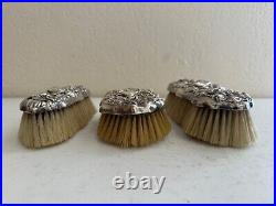 Antique Sterling Silver Art Nouveau 3 Piece Vanity Brush Set Woman & Floral Dec