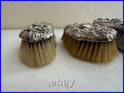 Antique Sterling Silver Art Nouveau 3 Piece Vanity Brush Set Woman & Floral Dec