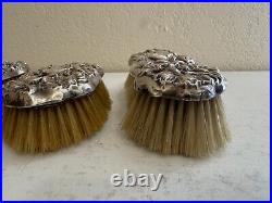 Antique Sterling Silver Art Nouveau 3 Piece Vanity Brush Set Woman & Floral Dec