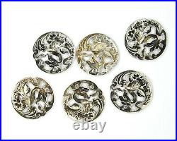 Antique Sterling Silver Art Nouveau Dragon Buttons, Set Of Six In Original Box