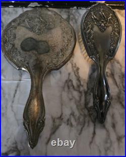 Antique Sterling Silver Art Nouveau Hand Mirror and Brush Set Repouss'e Dresser