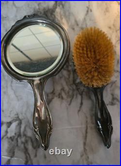 Antique Sterling Silver Art Nouveau Hand Mirror and Brush Set Repouss'e Dresser