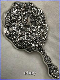 Antique Sterling Silver Art Nouveau Vanity Dresser Set Hand Mirror and Brush