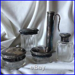 Antique Sterling Silver Crystal Glass Perfume Bottle Pill Box Cosmetic Set 5 pcs