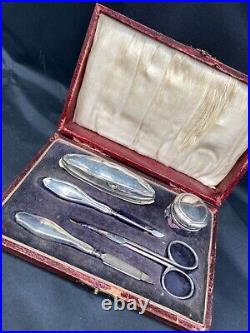 Antique Sterling Silver Repousse Manicure Set Art Nouveau Design Original Box
