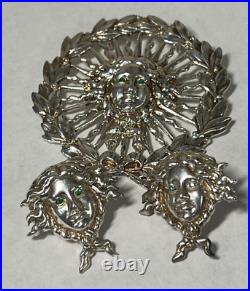Antique Sterling Silver and Emerald Art Nouveau Brooch and Earring Set