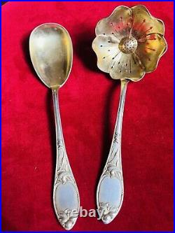 Antique TEA STRAINER + SERVING SPOON Set Sterling Silver 800 German ART NOUVEAU