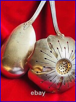 Antique TEA STRAINER + SERVING SPOON Set Sterling Silver 800 German ART NOUVEAU