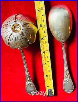 Antique TEA STRAINER + SERVING SPOON Set Sterling Silver 800 German ART NOUVEAU