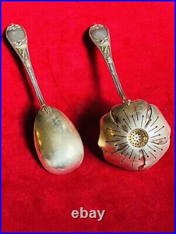 Antique TEA STRAINER + SERVING SPOON Set Sterling Silver 800 German ART NOUVEAU