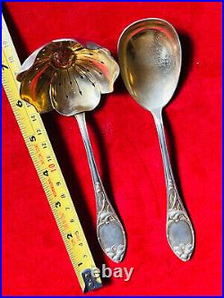 Antique TEA STRAINER + SERVING SPOON Set Sterling Silver 800 German ART NOUVEAU