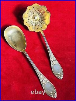 Antique TEA STRAINER + SERVING SPOON Set Sterling Silver 800 German ART NOUVEAU