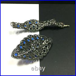 Antique Victorian ART NOUVEAU Brooch Bracelet SET Electric Blue Glass MM67ZZi