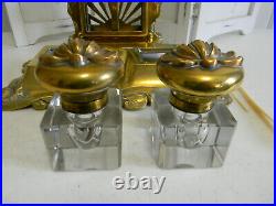 Antique Victorian Art Nouveau Ornate Brass Dbl Inkwell Set withFountain Dip Pens