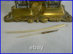Antique Victorian Art Nouveau Ornate Brass Dbl Inkwell Set withFountain Dip Pens