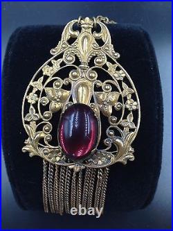 Antique Victorian Art Nouveau Purple Glass Huge Cabochon Brass Setting Necklace