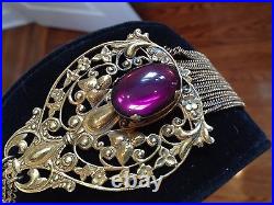 Antique Victorian Art Nouveau Purple Glass Huge Cabochon Brass Setting Necklace