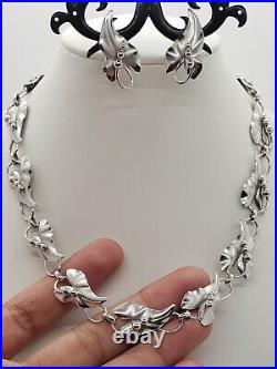 Antique Vintage Art Nouveau 925 Sterling Silver Necklace Earrings Set