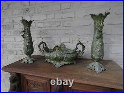 Antique art nouveau Centerpiece vases mantel set dragonfly satyr swan frog rare