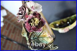 Antique art nouveau barbotine majolica mantel set vases floral decor