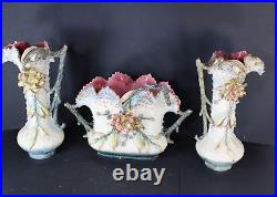 Antique art nouveau barbotine majolica mantel vases set