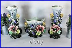 Antique art nouveau barbotine majolica vases centerpiece mantel set floral 1900
