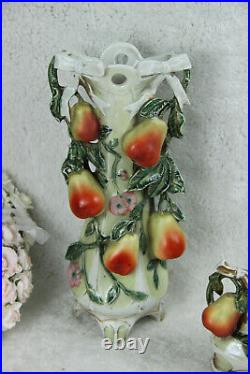Antique art nouveau marked porcelain pear fruits relief vases mantel set