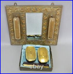 Antique art nouveau mens brass hanging mirror clothes brush vanity set Victorian