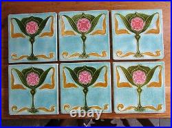 Antique set of 6 TILES Art Nouveau turquoise flowers ceramic 6 square majolica
