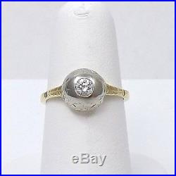 Art Deco 14K White Yellow Gold. 28 ctw Bezel Set Diamond Engagement Ring Sz 6.5